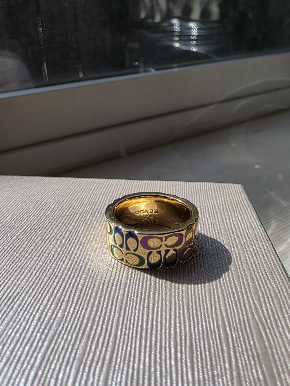 Coach Gold Ring with Green, Blue & Lavender Enamel C Motif Size 7 - Picture 4 of 6